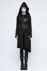 Black Long Sleeves Hooded Asymmetric Women's Gothic Military Coat With Belt